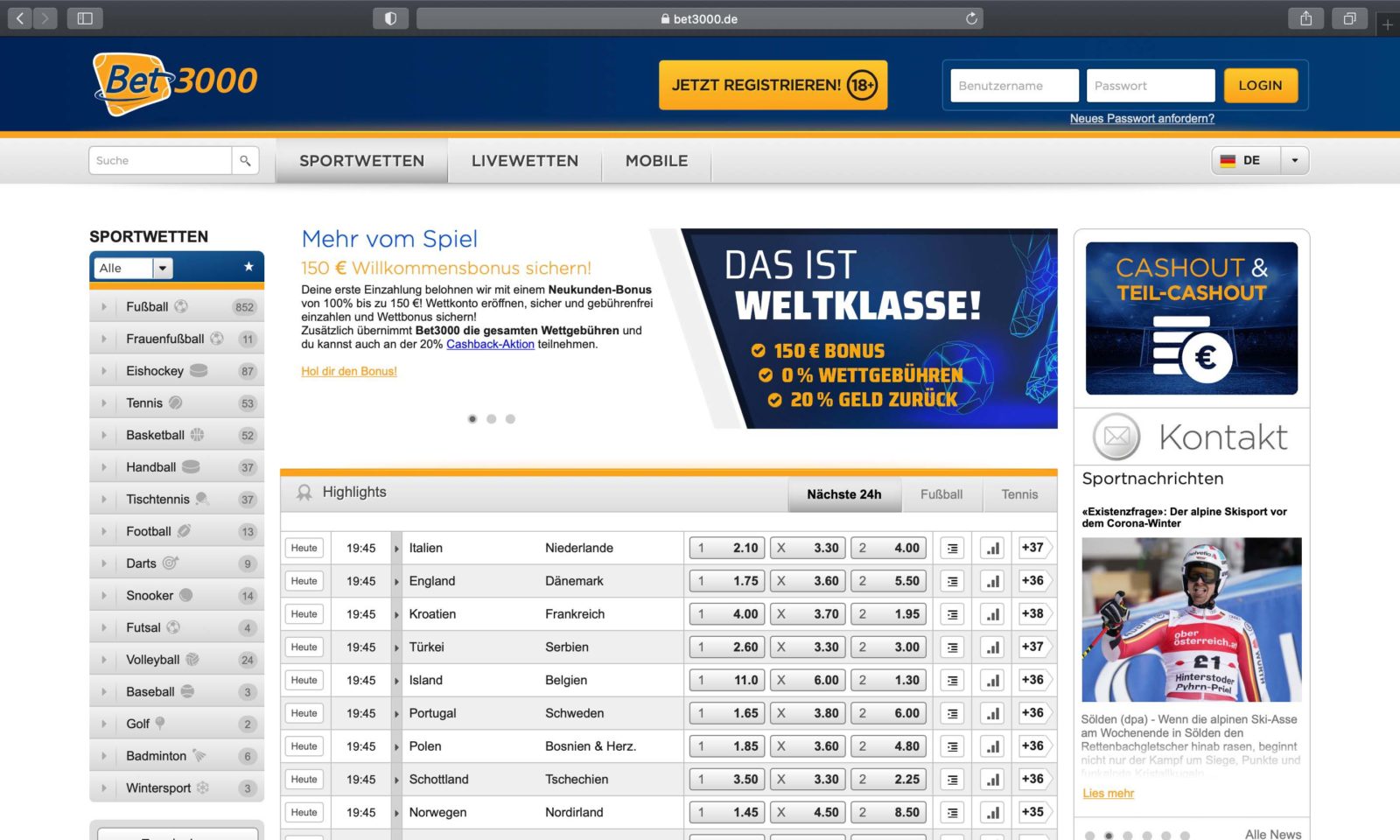 Screenshot of bet3000.com