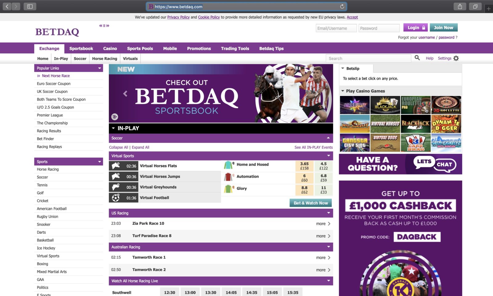 Screenshot of betdaq.com