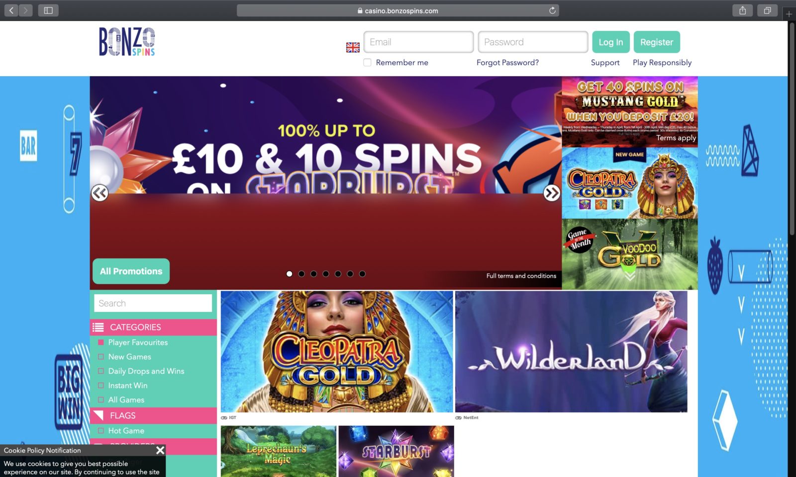 Screenshot of bonzospins.com