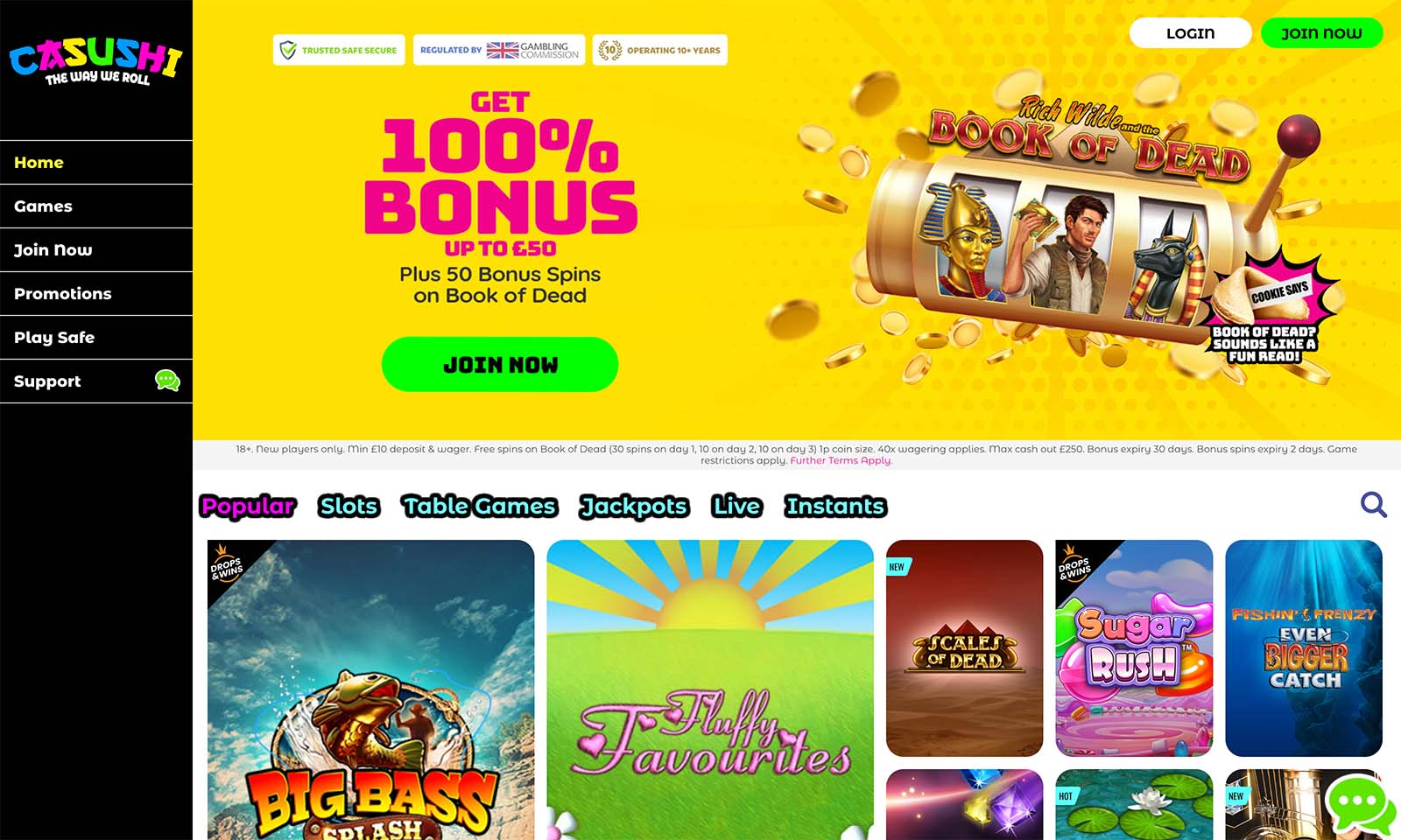 The homepage of Casushi Casino