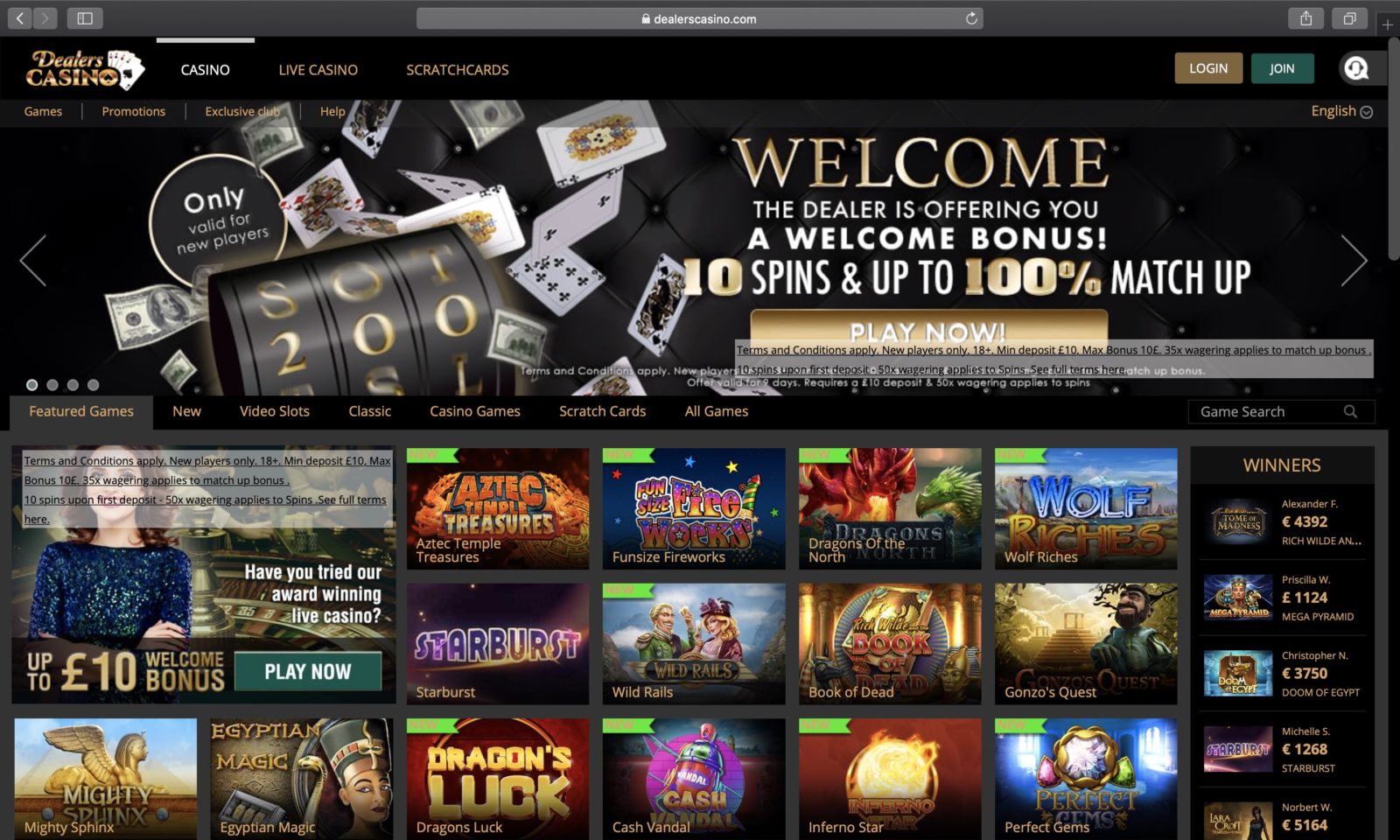 Screenshot of dealerscasino.com