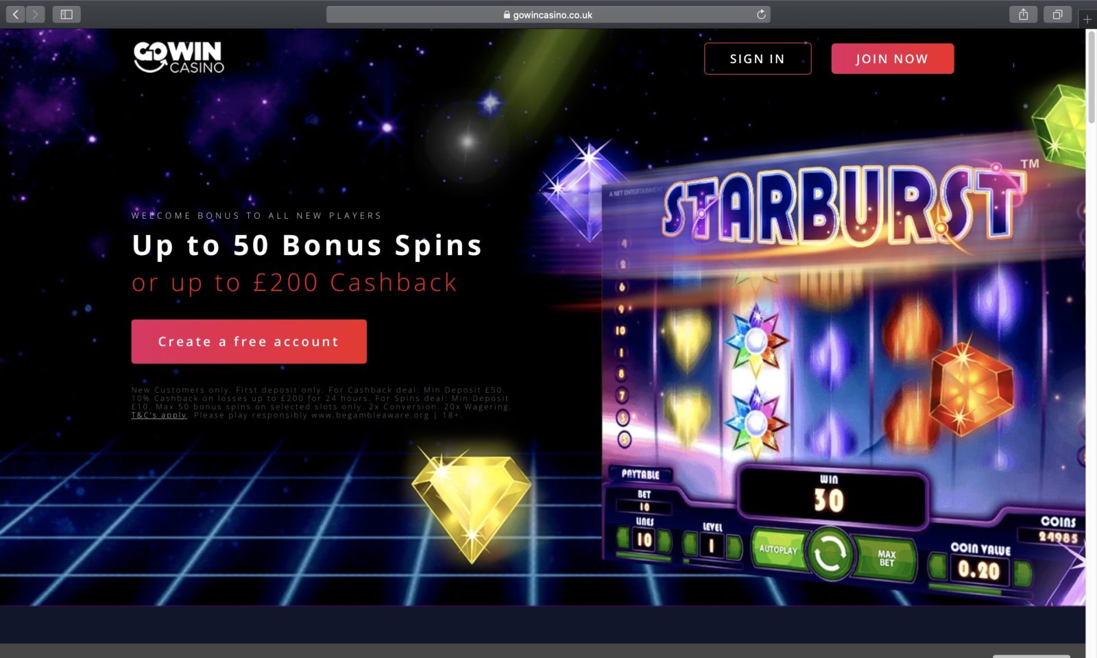 Screenshot of gowincasino.co.uk