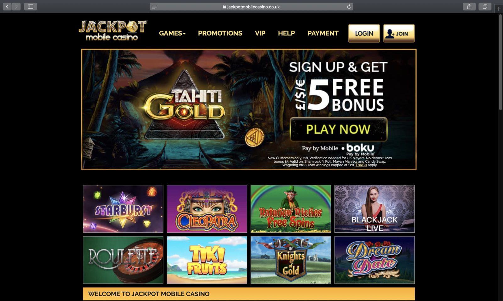 Screenshot of jackpotmobilecasino.co.uk