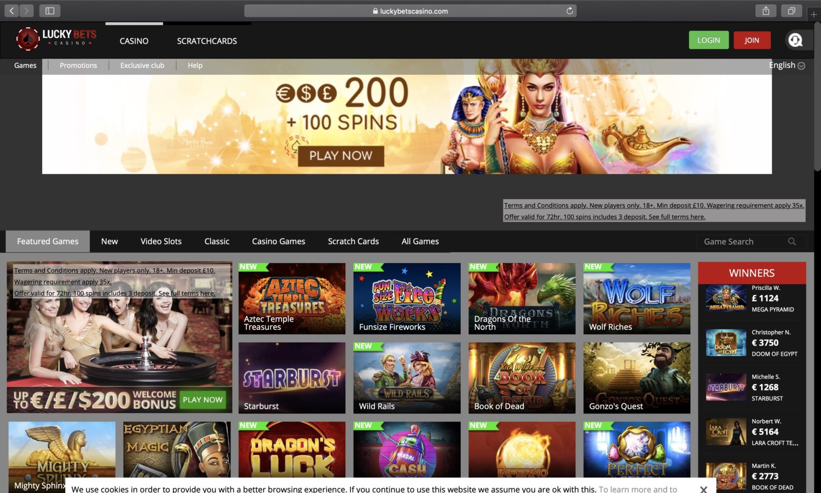 Screenshot of luckybetscasino.com