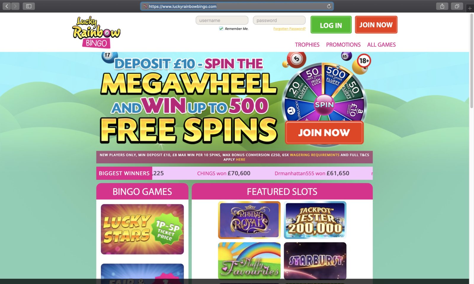 Screenshot of luckyrainbowbingo.com