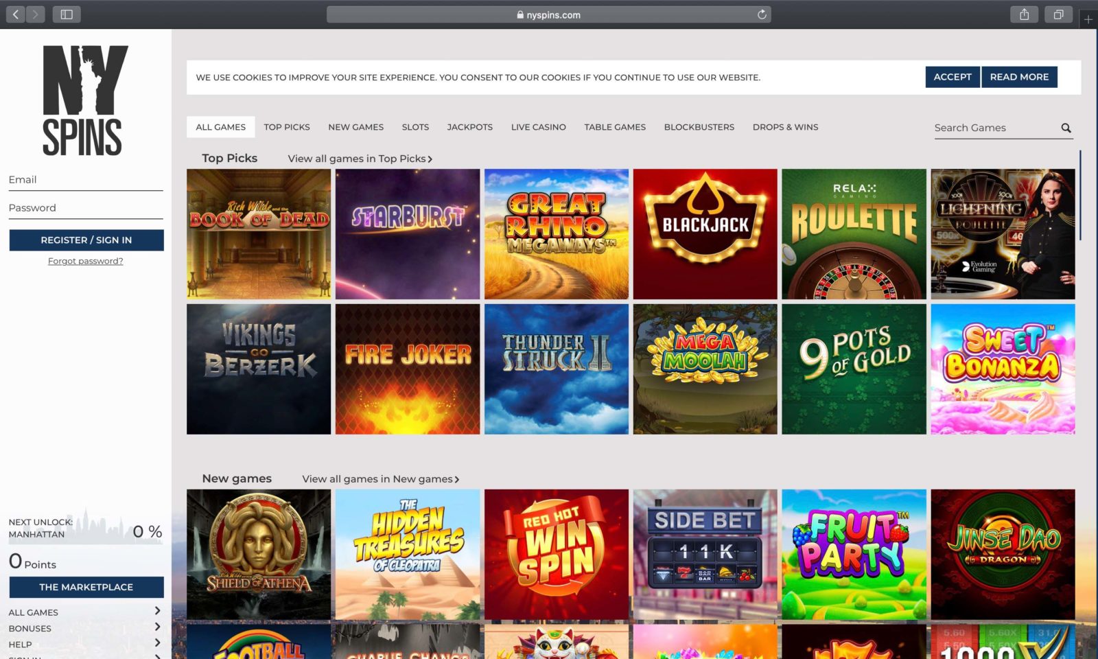 Screenshot of nyspins.com