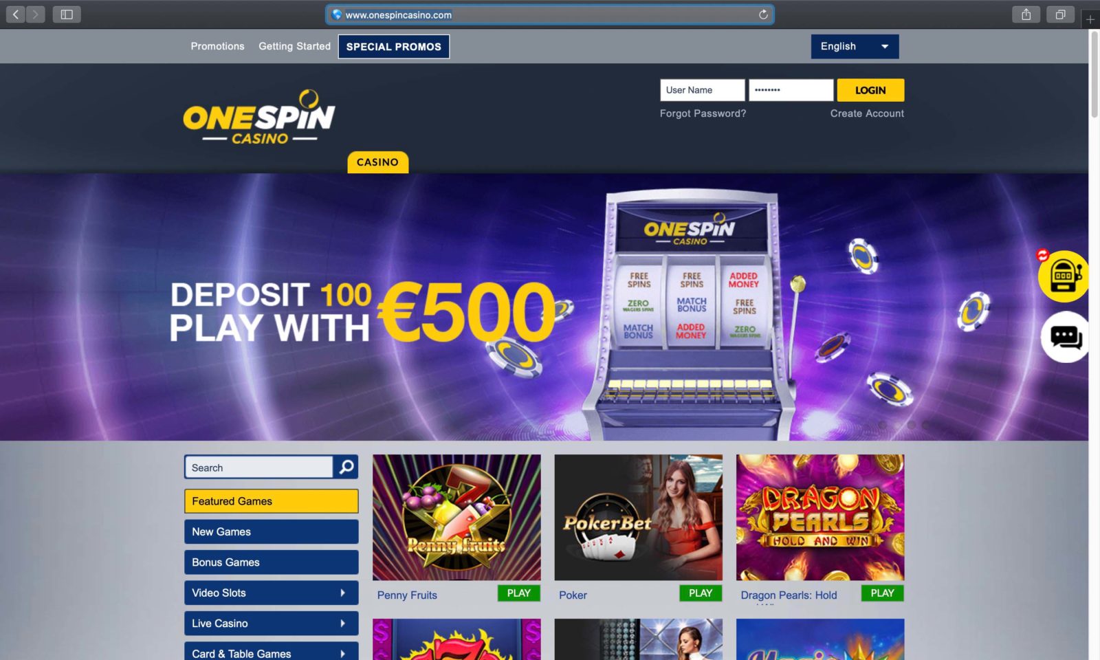 Screenshot of onespincasino.com