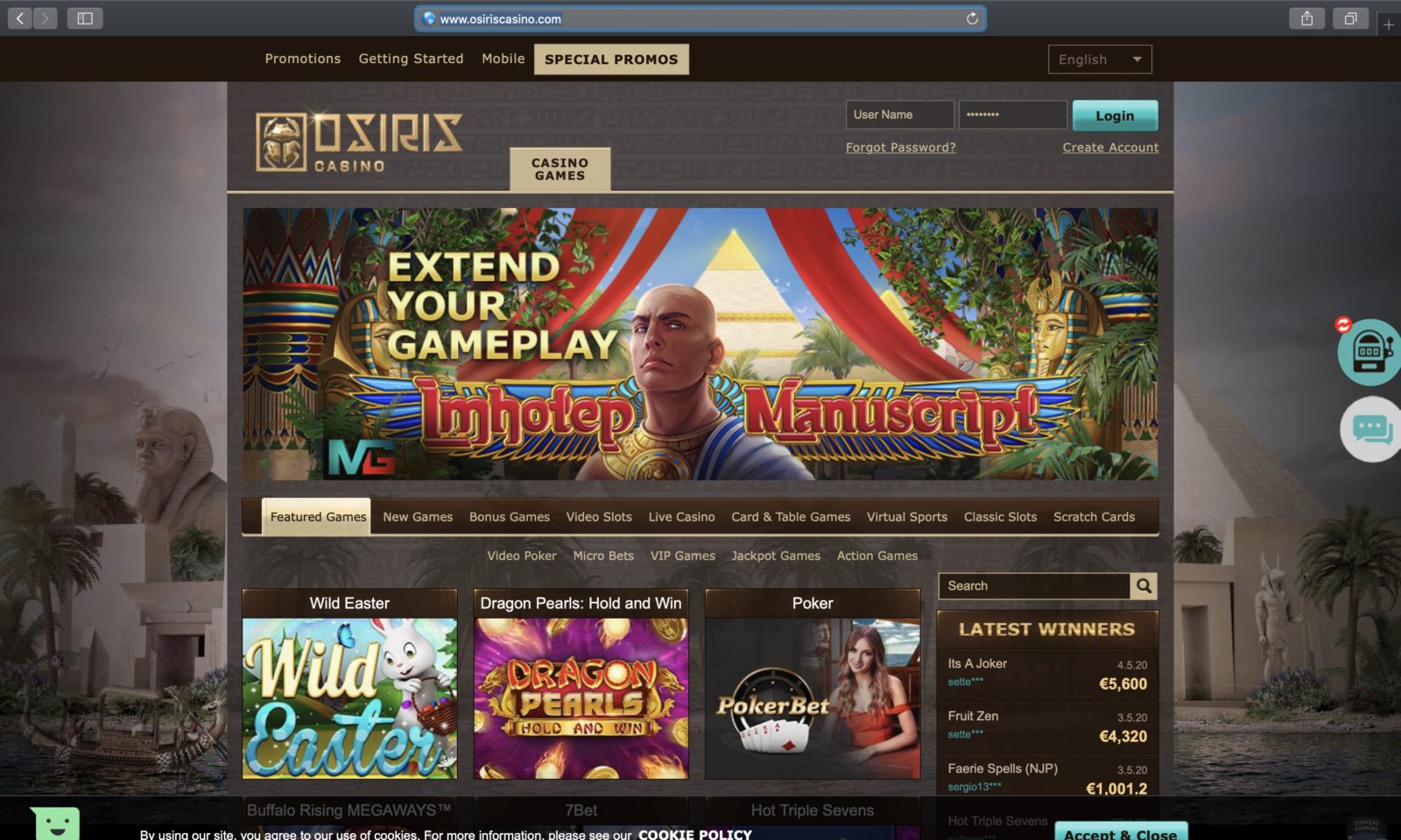 Screenshot of osiriscasino.com