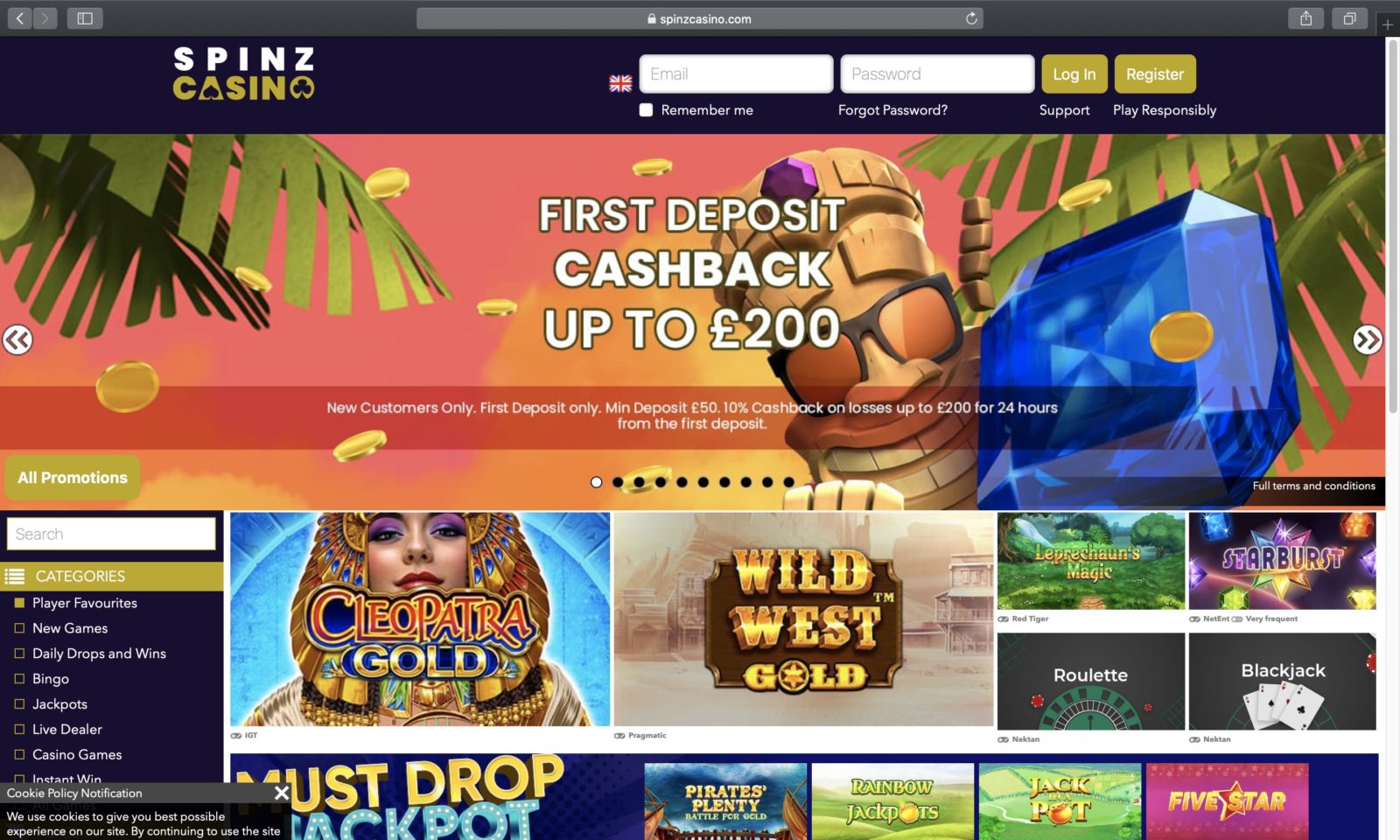Screenshot of spinzcasino.com