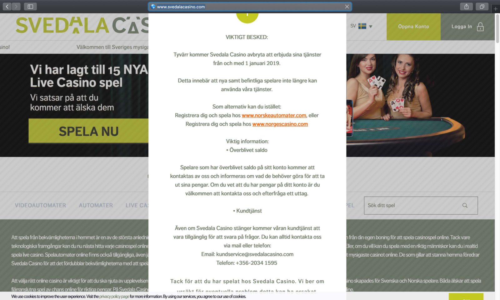 Screenshot of svedalacasino.com