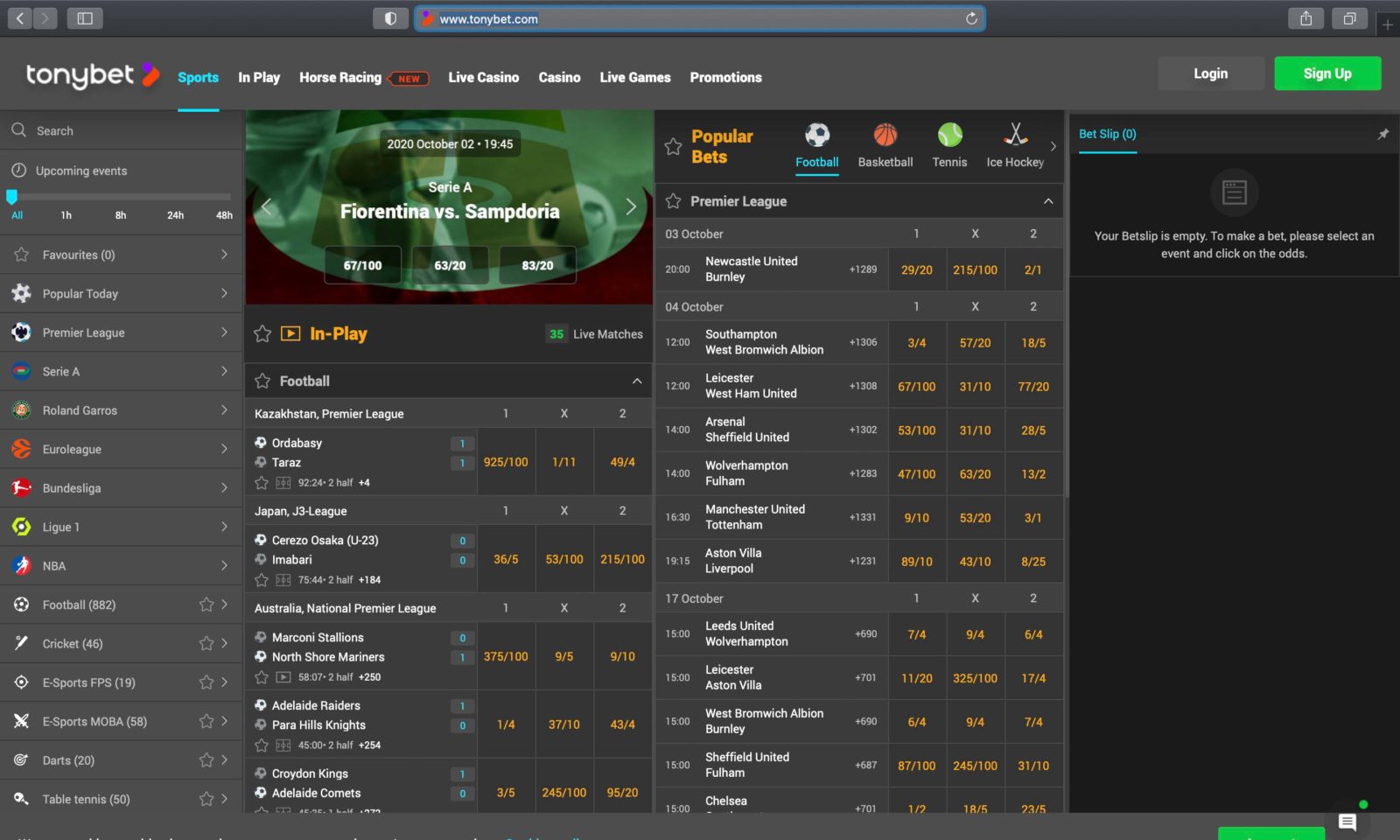 Screenshot of tonybet.com