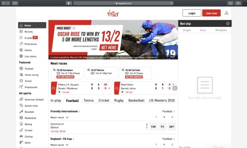 Virgin Bet Homepage in the UK