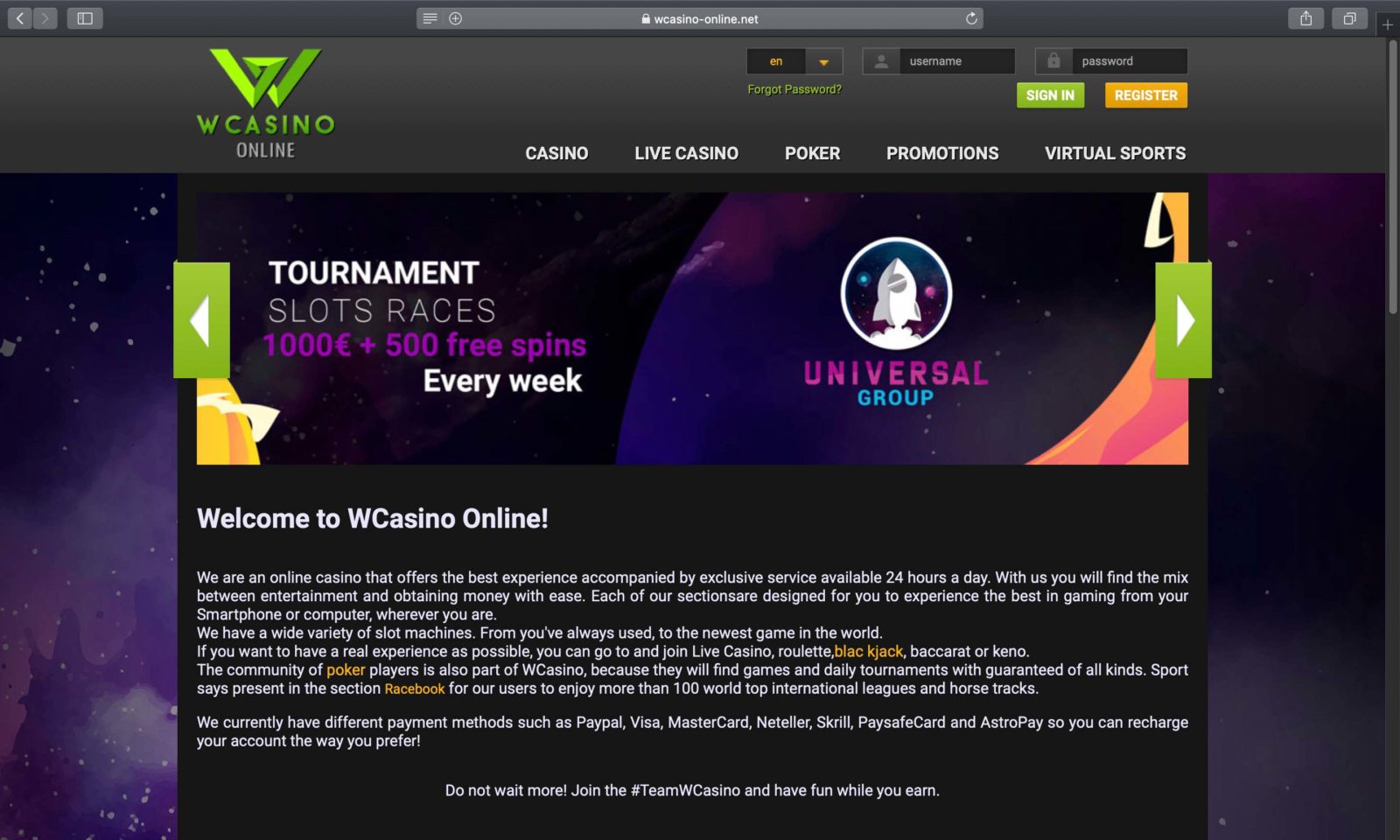 Screenshot of wcasino-online.net